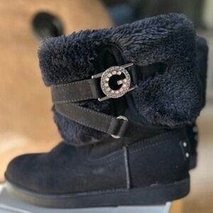 G by Guess GBG Boots Black Faux Fur Cuff Winter Buckle Detail‎ Sz 7M